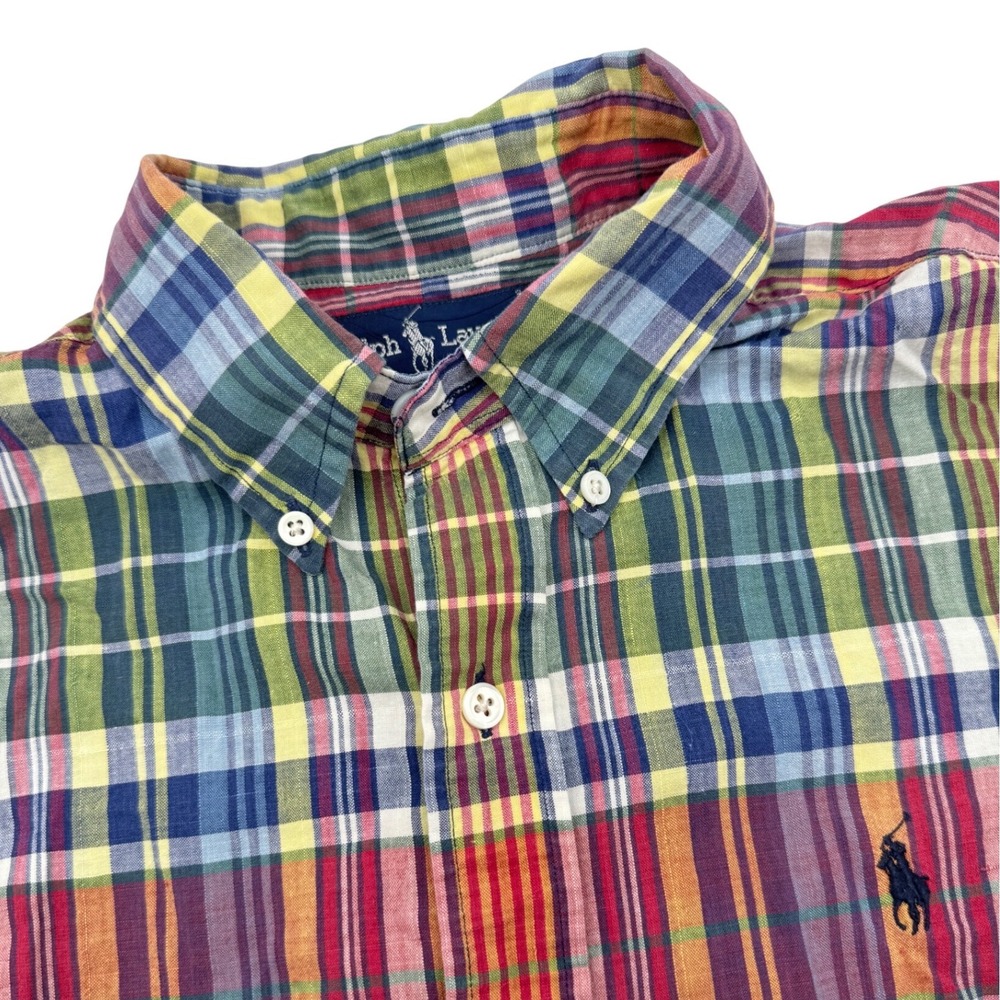 Polo Ralph Lauren Button Down Large Multi Color Madras Plaid Short Sleeve Pony